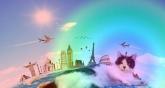 Кот лежит на глобусе земли, возле города, над ним летят самолеты
