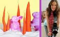 Кондитерские фигуры розовых зайцев и оранжевые моркови и взбитые сливки и фото девушки с фотокамерой