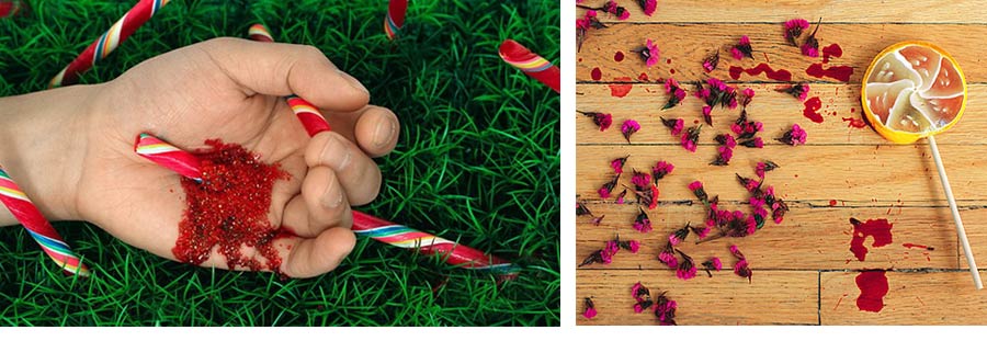 Неожиданный диссонанс - леденцы и кровь Проткнутая леденцовой палочкой ладонь и на фоне зелёной лужайки и кровавые капли гвоздики на фоне деревянного паркета.