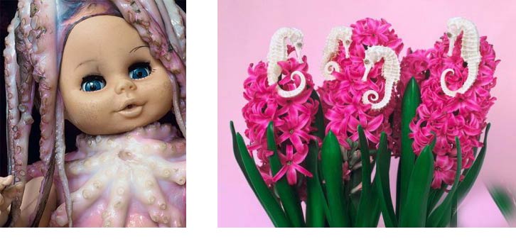 Морские украшения и кукле и букете Щупальца кальмара на кукле и фигурки морских коньков на букете с розовыми цветами